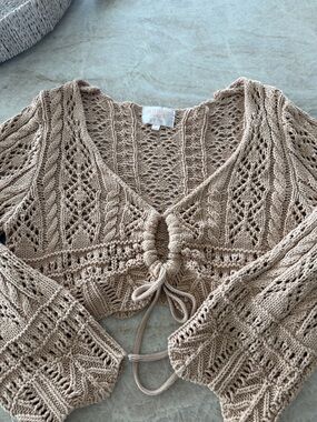 Women's Cropped Crochet Cardigan Sweater Beige Size XL Tie Front Boho Festival
